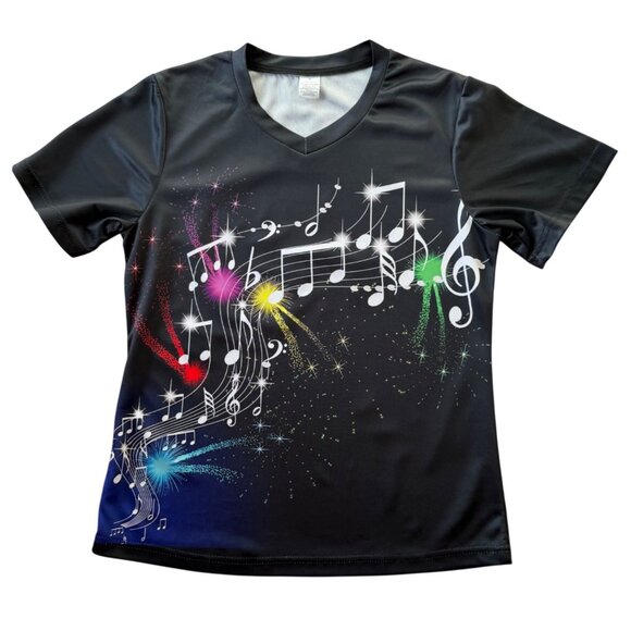 Music Note Graphic Top Size S Black Short Sleeve Performance Tee - Picture 3 of 8